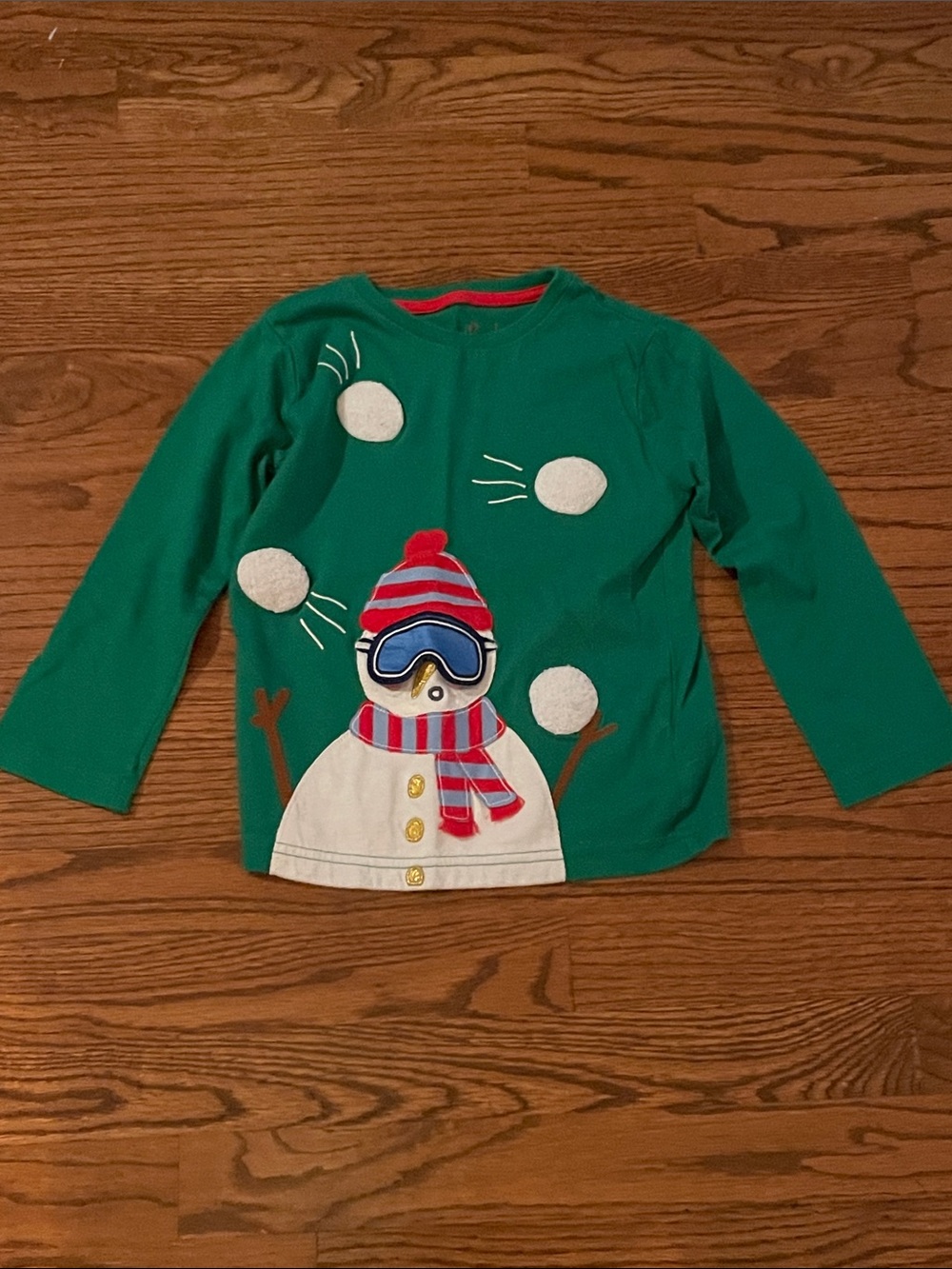 Mini Boden Green Long-Sleeve Snowman Appliqué Top